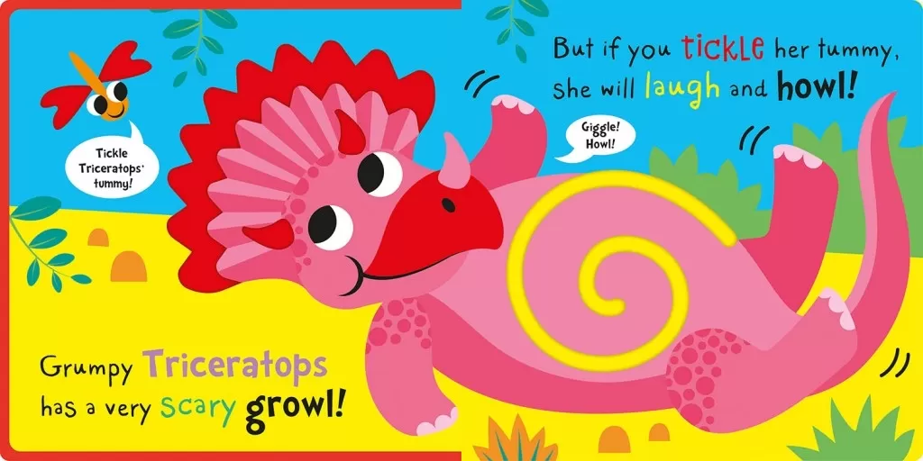 A ticklish Triceratops laughs and howls as little fingers tickle her tummy.
